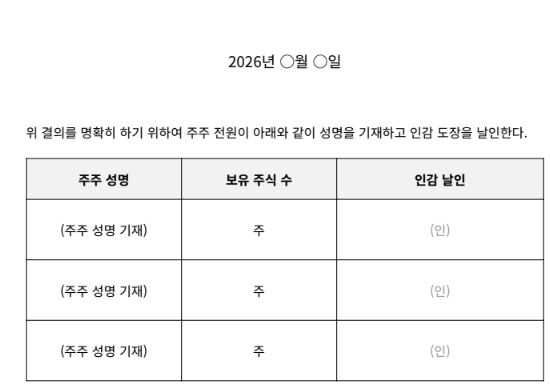 법인 주주전원서면결의서 양식·작성방법(예시) | 1인주주 변경등기(임원변경·상호·목적·본점이전·증자) 방법 관련 이미지