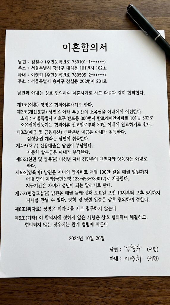 [인천 협의이혼]이혼 합의서 양식 | 재산분할·양육권·양육비 작성 예시 총정리 관련 이미지