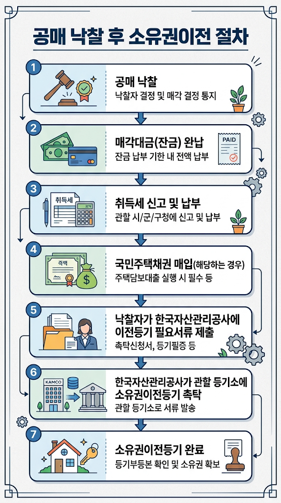 부동산 공매 낙찰 후 소유권이전 절차 총정리한국자산관리공사(KAMCO) 공매 이전등기·필요서류·취득세·명도까지 관련 이미지