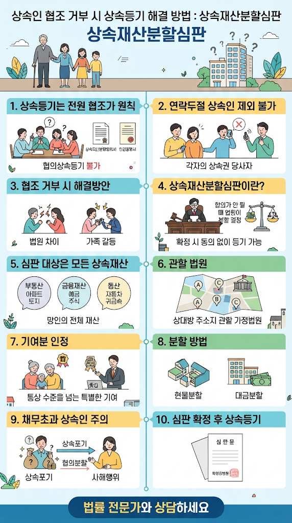 [인천 상속]부모님 사망 후 일부 상속인 연락두절·협조거부 시 상속등기 해결방법(상속재산분할심판 청구 절차와 협의분할 시 주의사항 총정리) 관련 이미지