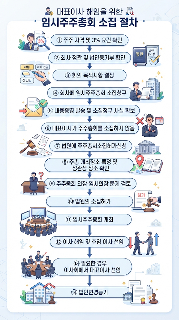 [인천법인] 대표이사 해임 방법｜주주총회소집허가신청 절차·요건·임시의장·주총장소 관련 이미지