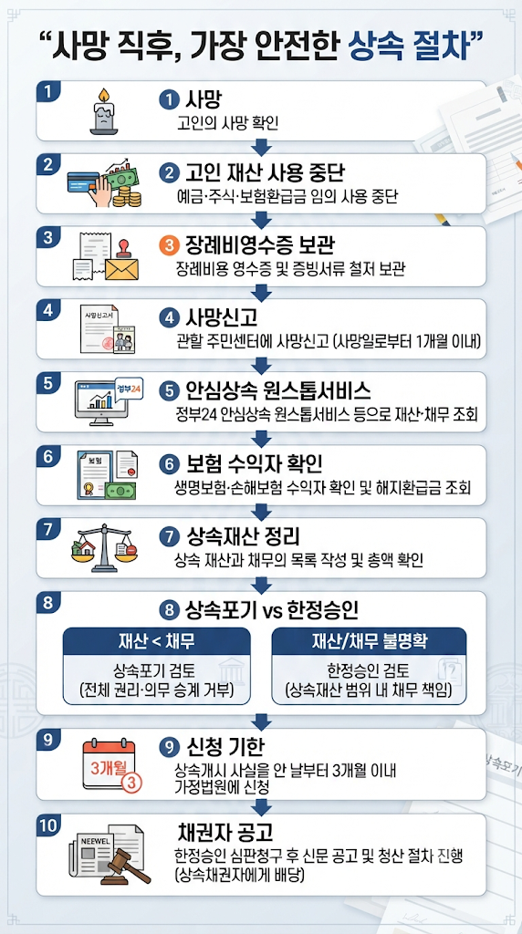 [인천 상속] 부모·배우자 사망 시 사망신고 전 예금인출·장례비·병원비·보험금과 상속포기·한정승인 절차 관련 이미지